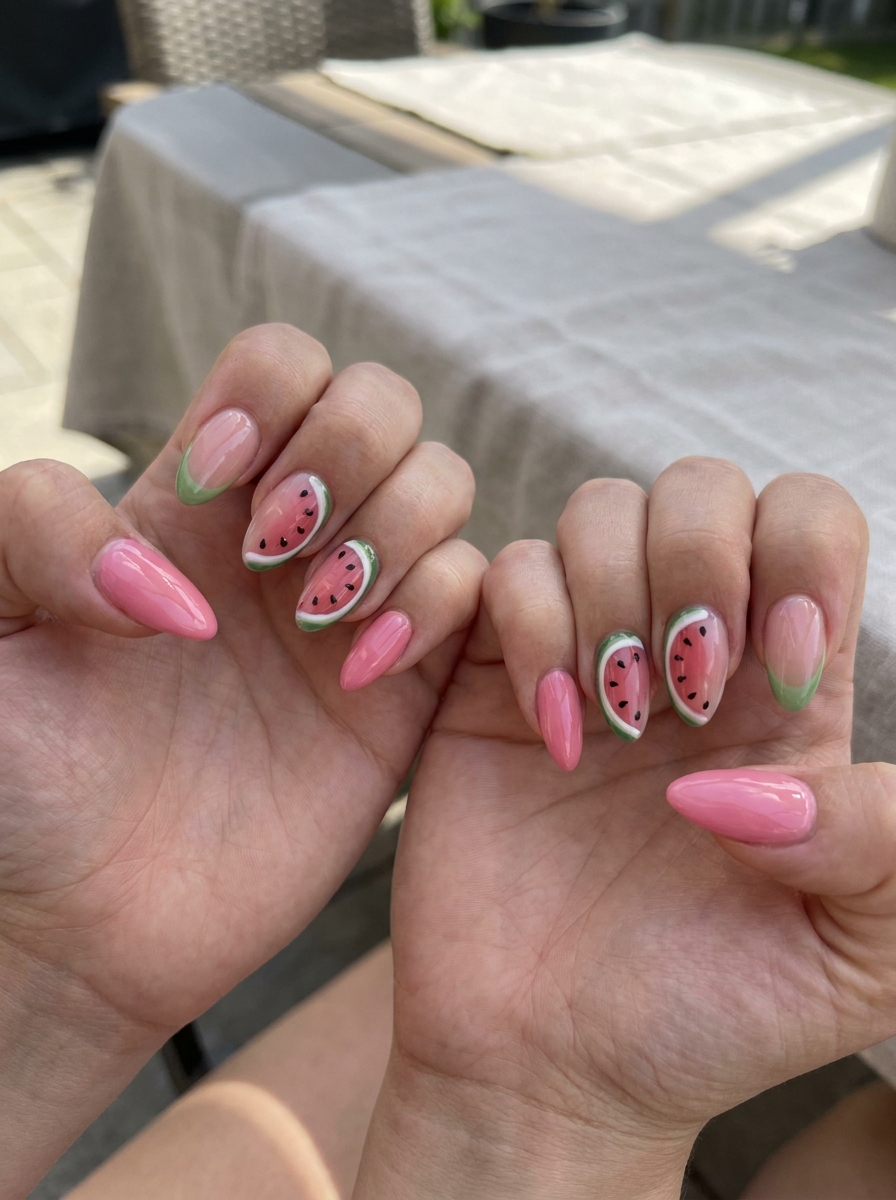 Watermelon Slice Nails mit Wassermelonen Details in Pink und Grün